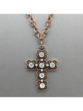 Etruscan Revival Copper Plated Stainless Steel Cross Pendant Necklace Rhinestone